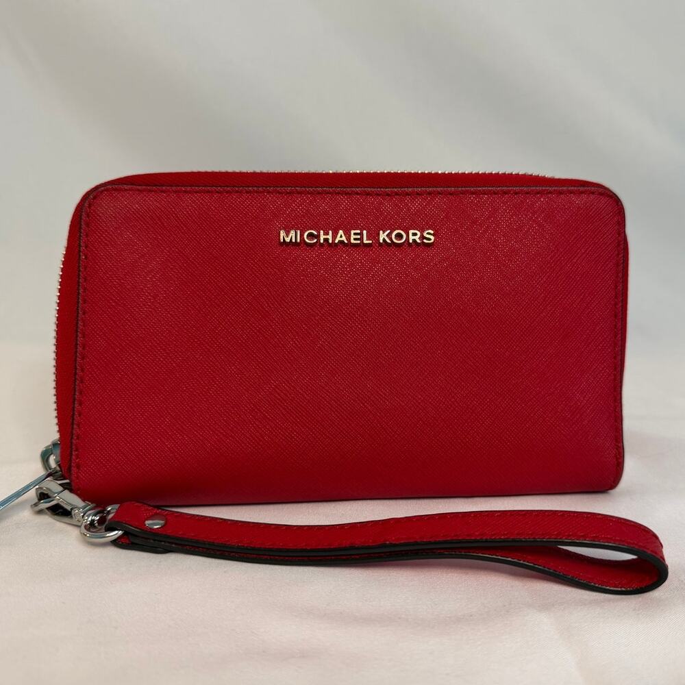 Michael Kors Jet Set Travel Continental Wristlet Wallet - Red Saffiano Leather